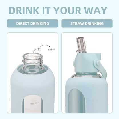 20 oz Glass Water Bottles with Straw Borosilicate Glass Water Bottle with Time Marker Motivational Water Bottles with Silicone Sleeve Leak Proof Reusable BPA Free