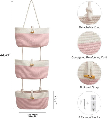 TeoKJ Over The Door Hanging Baskets with Button Strap, 3-Tier Woven Cotton Storage Organizer Bag, Wall-Mounted with Hook Decorative Hanging Nursery Baskets - Pink+White