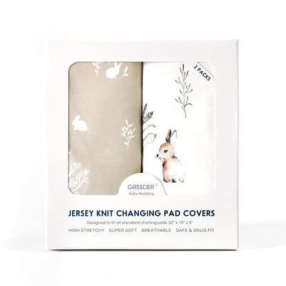 GRSSDER Stretch Ultra Soft Jersey Knit Changing Pad Cover Set 2 Pack, Change Table Pad Covers Fit 32"/34" x 16" Pads Safe and Snug, Pretty Pattern for Boys and Girls, Stylish Watercolor Rabbit Pattern