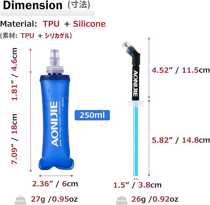 Azarxis Soft Flask Collapsible Water Bottle Running Soft Gel Flask Reservoir Handheld Folding TPU 250 500ml for Hydration Pack Hiking Cycling Climbing (250ml/8.45oz - 2 Pack with 2 Speed Straws)