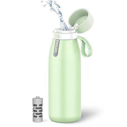 PHILIPS GoZero Everyday Insulated Stainless Steel Water Bottle Everyday Tap Water Filter BPA Free Transform Tap Water into Healthy Tastier Water Keep Drink Hot/Cold, 32 oz, Green