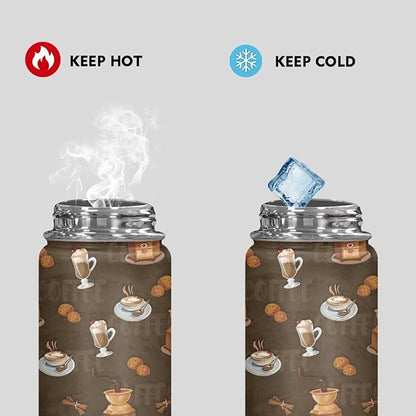Coffee Print Insulated Water Bottle 20 Oz Stainless Steel Leak Proof Vacuum Easy to Clean Lightweight Keeps Cold and Hot Great for Travel Hiking Biking Running