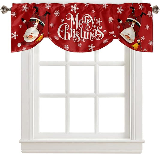 Red Merry Christmas Blackout Tie Up Valance Curtains for Kitchen Windows Funny Hanging Santa Window Toppers Balloon Shades for Living Room/Bathroom/Bedroom,1 Panel, 54" X 18", Snow Winter Holiday