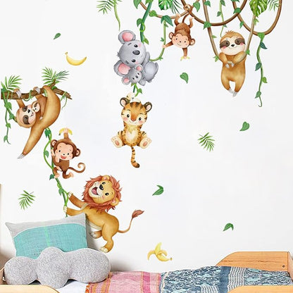 Lion Monkey Sloth Koala Tiger Wall Stickers Jungle Animals Climbing Tree Wall Decals Peel and Stick Wall Art Decals for Kids Bedroom Baby Nursery Living Room Playroom Boys Girls Bedroom