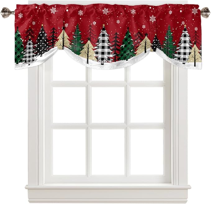 Red Merry Christmas Blackout Tie Up Valance Curtains for Kitchen Windows Green Christmas Tree Window Toppers Balloon Shades for Living Room/Bathroom/Bedroom,1 Panel, 42" X 12",White Snow Forest Winter