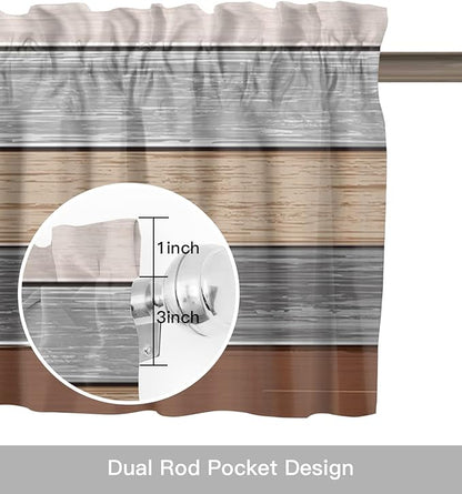Farmhouse Fall Kitchen Curtains Valances for Windows , Brown Grey Rod Pocket Country Window Treatment for Kitchen /Living Room/Bedroom/ Bathroom,42" X 12" -1 Panel, Retro Rustic Barn Wood Texture