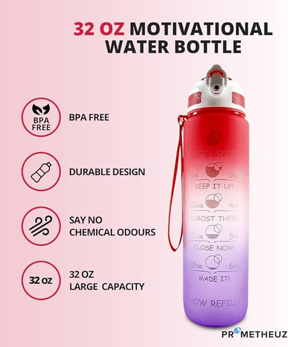 PROMETHEUZ Sports Water Intake Reminder Bottle with Time Marker and Straw, Leakproof Tritan BPA-Free, Fast Flow,Dark Pink Dark Purple, 32 oz