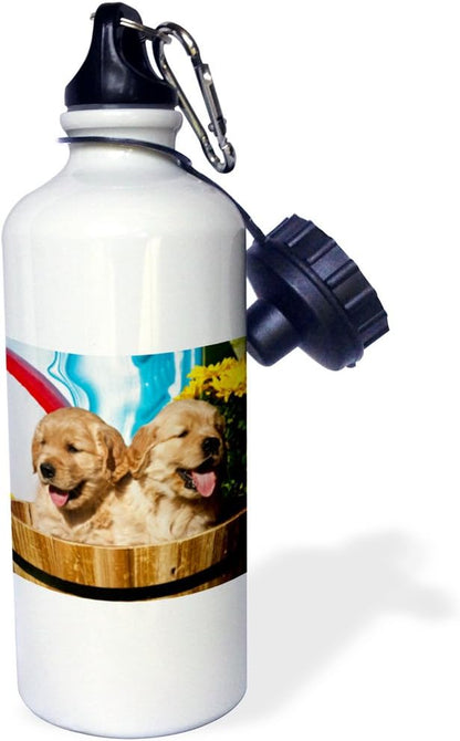 3dRose "Two Golden Retriever puppy dogs NA02 ZMU0183 Zandria Muench Beraldo" Sports Water Bottle, 21 oz, White