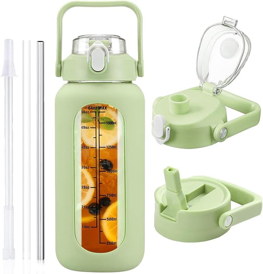 64 oz Glass Water Bottle with Straw and 2 Lids, Half Gallon Water Bottle with Sleeve, Large Insulated 2 Liter Glass Water Jug Time Marker with Handle - Green