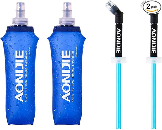 Azarxis Soft Flask Collapsible Water Bottle Running Soft Gel Flask Reservoir Handheld Folding TPU 250 500ml for Hydration Pack Hiking Cycling Climbing (500ml/16.9oz - 2 Pack with 2 Speed Straws)