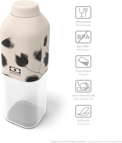 monbento - Clear Reusable Water Bottle MB Positive M graphic Plume - 17 floz/500 ml Water Bottle Perfect for Work, Travel, Sport, Picnic - Compact, Leakproof BPA Free Water Bottle - Black Feathers