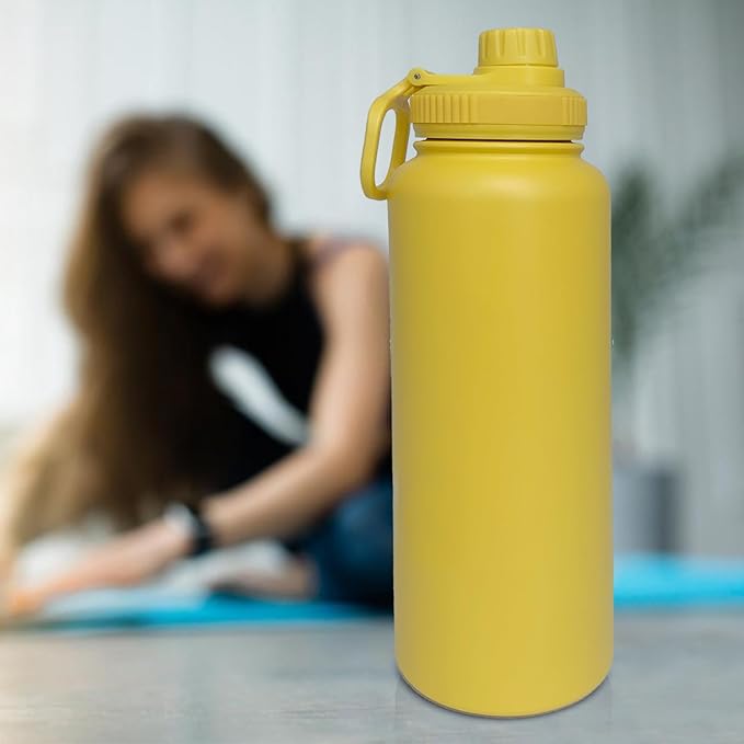 40oz Insulated Water Bottle ，Stainless Steel Sports Water Cup Flask with 2 Lids, Wide Mouth Travel Thermal Mug,Outdoor Sports Bottle（Mango yellow）