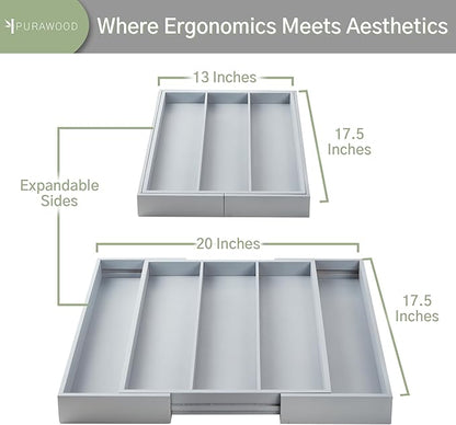 Purawood - Large Premium Bamboo Silverware Organizer - Expandable Kitchen Drawer & Utensil Organizer, 17" x 19.75" Cutlery Tray with Drawer Dividers for Kitchen Flatware (3-5 Slots) (Grey)