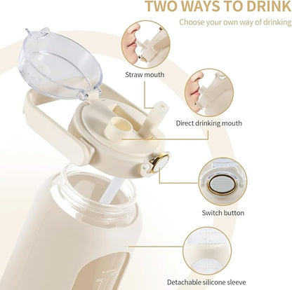 64oz Glass Water Bottle with Straw and Handle - Half Gallon Motivational Water Jug with Time Marker and Silicone Sleeve, Leak proof Wide Mouth Water Flask for Gym, Sports, and Daily Use (White)