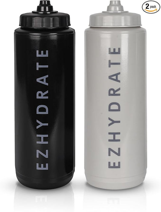 2 Pack Black & Grey 32oz Squeeze Water Bottles - Sports Water Bottles For Football, Hockey, Athletic Training, Bike & Cycling - Reusable Squirt Bottle Set, BPA-Free, Perfect for Gym, Travel