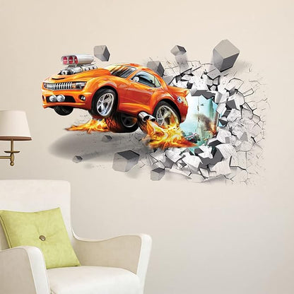 3D Fire Car Wall Sticker Decal Crack Hole fire Car Wall Art Decal Removable Broken Smashed Car Decoration Mural for Boys Bedroom Baby Kids Nursery Room (3D Fire Car)