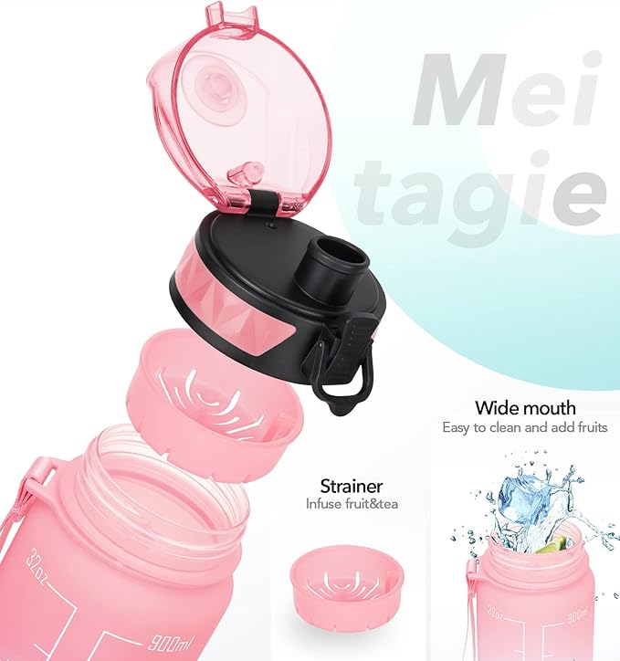 32oz/26oz Motivational Water Bottle with Time Marker & Fruit Strainer, Leak-proof BPA Free Non-Toxic 1l Bottle with Carrying Strap, Perfect for Fitness, Gym and Outdoor Sports, Plastic