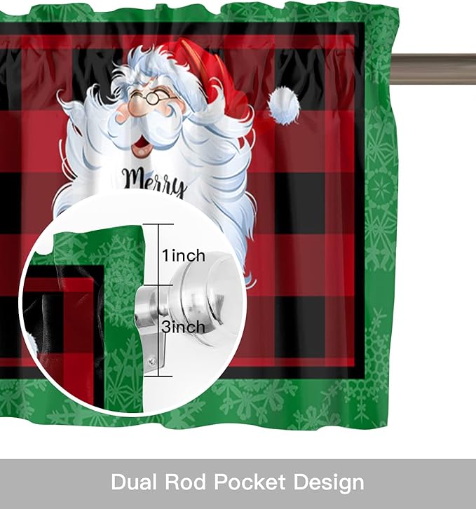 Merry Christmas Y'all Kitchen Curtains Valances for Windows Xmas Santa Claus Rod Pocket Window Treatment for Kitchen/Living Room/Bedroom/Bathroom,42" X 18" -1 Panel, Red Buffalo Plaid