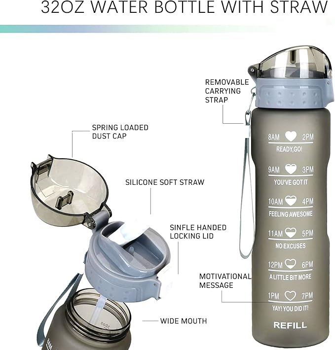 XACIOA Water Bottle with Straw,32oz Plastic Cup with Motivational Time Marker,1L Tritan Sport Lightweight Leakproof BPA-Free,Wide Mouth Fast Flow Ensure You Have Times to Drink,with Straw & Cup Brush