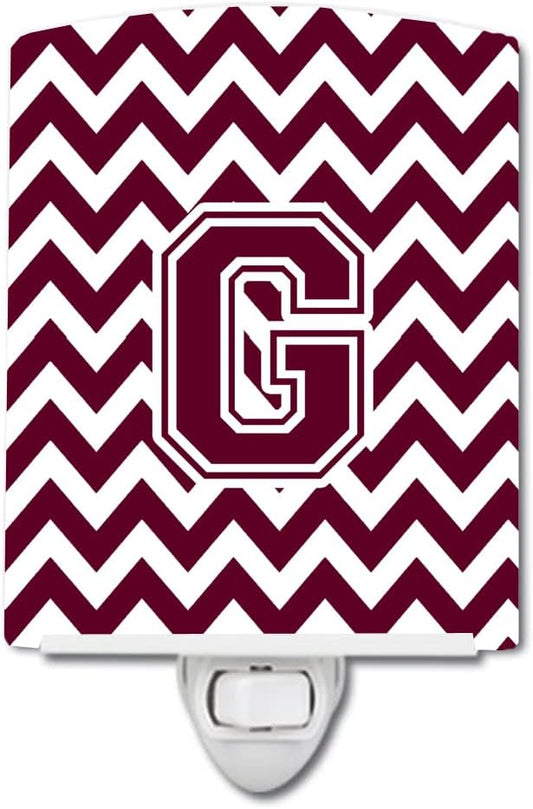 Caroline's Treasures CJ1051-GCNL Letter G Chevron Maroon and White Ceramic Night Light Compact, UL-Certified, Ideal for Bedroom, Bathroom, Nursery, Hallway, Kitchen, 6x4x3, Multicolor