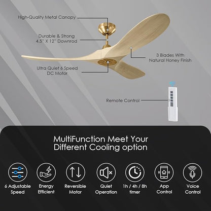 3MAVSM60BBSWWO Smart Maverick Ceiling Fan with Remote Control, Indoor or Outdoor, Compatible with Alexa & Google Voice (Burnished Brass with Washed White Oak Blades, 60-inch)