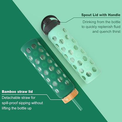32oz Glass Water Bottles with 2 Lids-Bamboo Straw Lid & Spout Cap,Motivational Water Tumbler with Silicone Sleeve with Time Marker,Leakproof,BPA Free