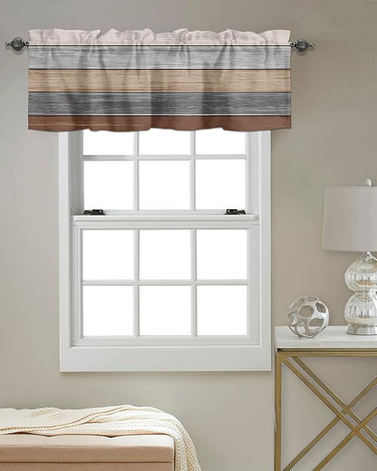 Farmhouse Fall Kitchen Curtains Valances for Windows , Brown Grey Rod Pocket Country Window Treatment for Kitchen /Living Room/Bedroom/ Bathroom,42" X 12" -1 Panel, Retro Rustic Barn Wood Texture
