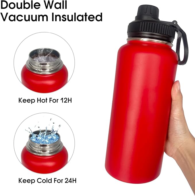 4pack 32 oz Insulated Water Bottle With Straw, Stainless Steel Sports Water Cup Flask with 2 Lids, Wide Mouth Travel Thermal Mug,Red