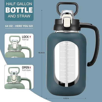 64oz Glass Water Bolttles Half Gallon Large Motivational Water Bottle with Time Marker Sports Water Bottles with Silicone Sleeve and Handle Lid Water Jug for Gym Workout-1 Pack