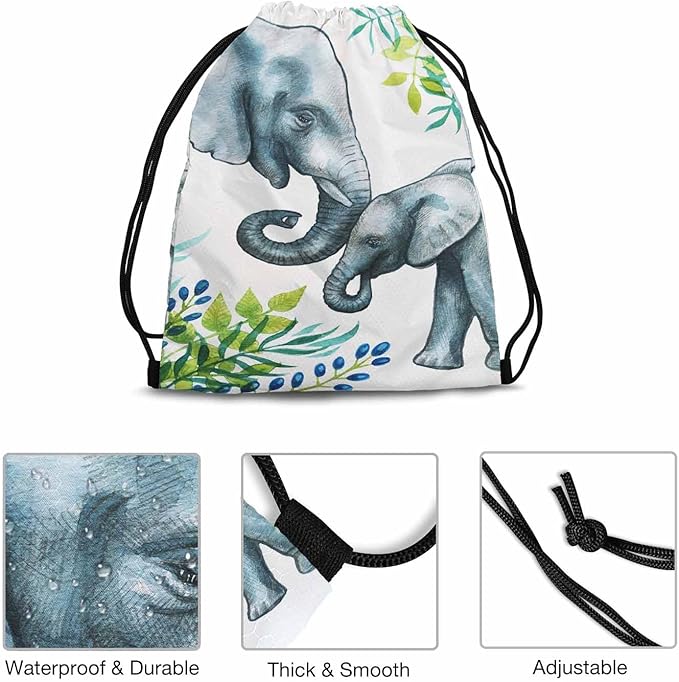 Elephants Drawstring Bags Sports Bag Two Elephants Of Mother and with Branch Draw String Back Bag Men Women Adults 14x16.9 Inch