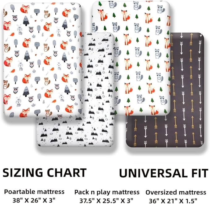 4 Pack N Play Sheets Woodland Forest Animals Wood Neutral Unisex Fitted Baby N Play Sheets Fitted for Standard Pack and Plays and Mini Cribs Set for Baby Boys or Girls