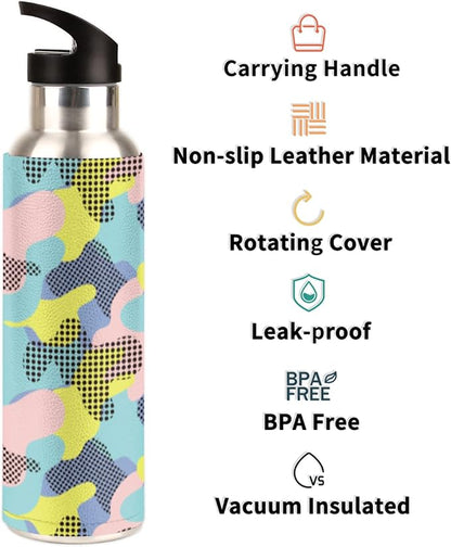 Dot Camouflage Stainless Steel Sports Water Bottle with Straw, 20 oz Vacuum Insulated Cup, Keeps Hot Cold Canteen Water Bottles For Cycling Travel Hiking
