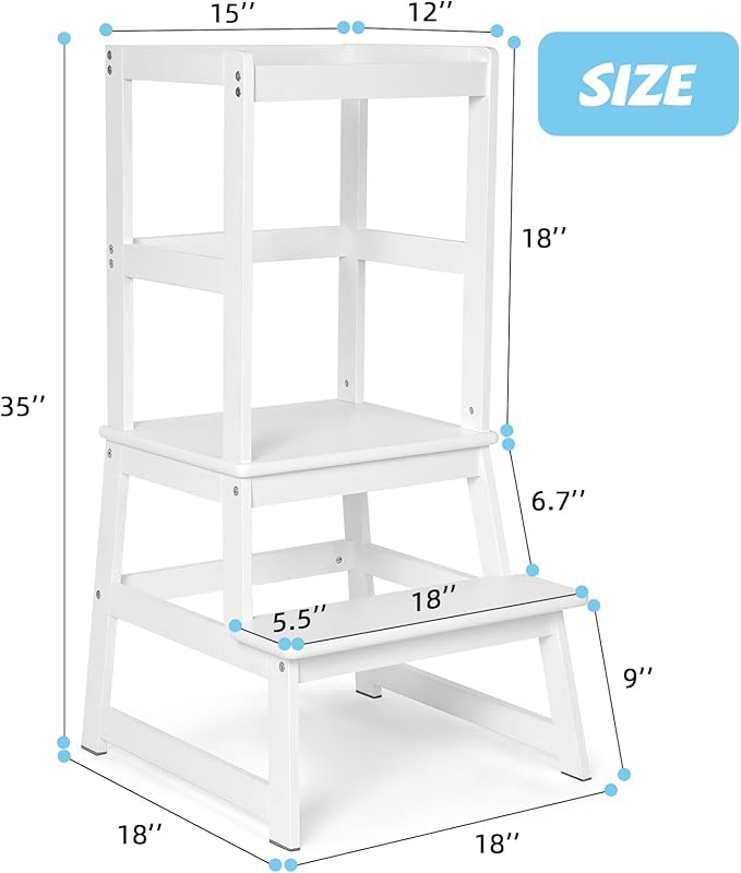 Kids Kitchen Step Stool, Standing Stool with Safety Rail for Toddlers 18 Months and Older, Safety Anti-Slip Protection, Removable Step Stool for Adult Use, White