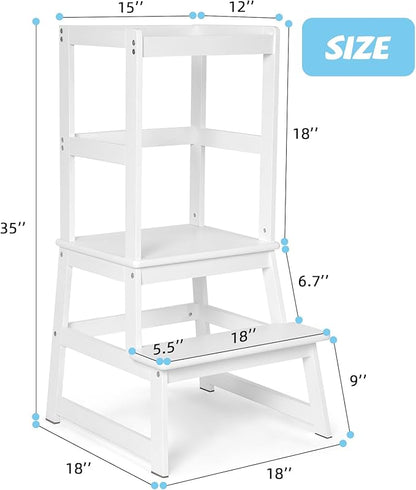 Kids Kitchen Step Stool, Standing Stool with Safety Rail for Toddlers 18 Months and Older, Safety Anti-Slip Protection, Removable Step Stool for Adult Use, White
