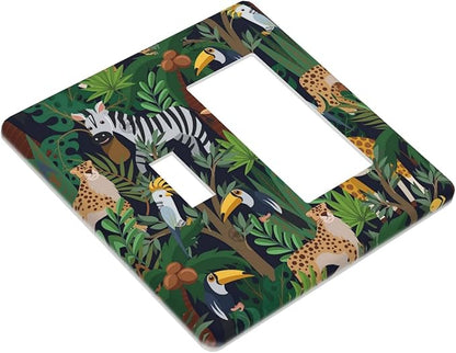 Cartoon Animal Zebra Leopard Giraffe Bird Leaf 2 Gang Single Toggle Rocker Combination Nursery Light Switch Covers Decorative Wall Plate Cover Electrical Faceplate Switchplate for Kidroom