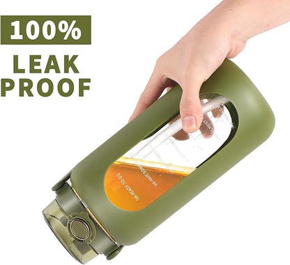 64oz Glass Water Bottle with Straw and Handle - Half Gallon Motivational Water Jug with Time Marker and Silicone Sleeve, Leak proof Wide Mouth Water Flask for Gym, Sports, and Daily Use (Green)