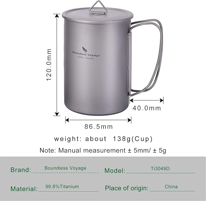 iBasingo 1050ml Titanium Bottle 600ml Nesting Cup Outdoor Camping Single Layer Wide Mouth Cookware Lightweight Portable Bottle Mug Hiking Picnic Solo Cooking Mess Kit