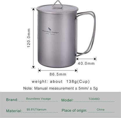 iBasingo 1050ml Titanium Bottle 600ml Nesting Cup Outdoor Camping Single Layer Wide Mouth Cookware Lightweight Portable Bottle Mug Hiking Picnic Solo Cooking Mess Kit