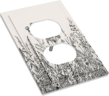 Vintage Grey Floral Herbs Wild Flowers Botanical Single Duplex Wall Plate Covers Boho Light Switch Cover 1 Gang Outlet Plate Decorative Country Electrical Receptacle Art Faceplate Switchplate