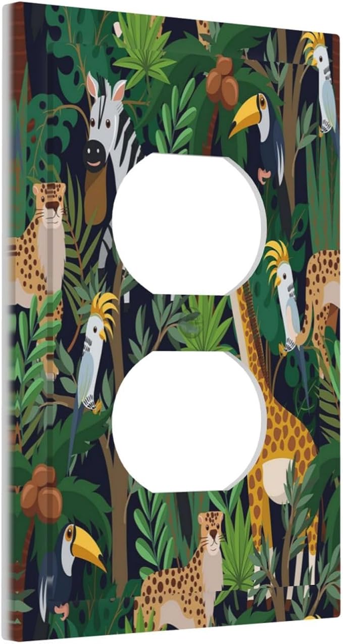 Cartoon Animal Zebra Leopard Giraffe Bird Leaf Single Duplex Wall Plate Covers Nursery Light Switch Cover 1 Gang Outlet Plate Decorative Electrical Receptacle Art Faceplate Switchplate for Kidroom