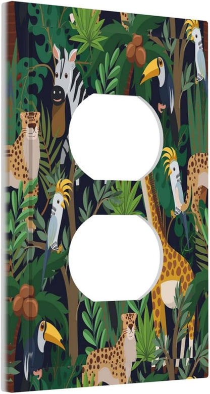 Cartoon Animal Zebra Leopard Giraffe Bird Leaf Single Duplex Wall Plate Covers Nursery Light Switch Cover 1 Gang Outlet Plate Decorative Electrical Receptacle Art Faceplate Switchplate for Kidroom