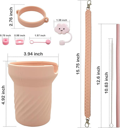 Accessories Set for Stanley 40oz including 6PCS Silicone Spill Proof Stopper 1PCS Straw Cover 1 PCS Siliconce Boot Sleevec 1 PCS Silicone Water Bottle Handle Strap 1PCS Straw & Cleaning Brush