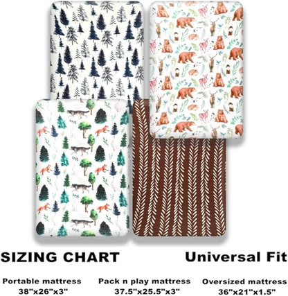 4 Pack N Play Sheets Woodland Forest Animals Wood Neutral Unisex Fitted Baby N Play Sheets Fitted for Standard Pack and Plays and Mini Cribs Set for Baby Boys or Girls