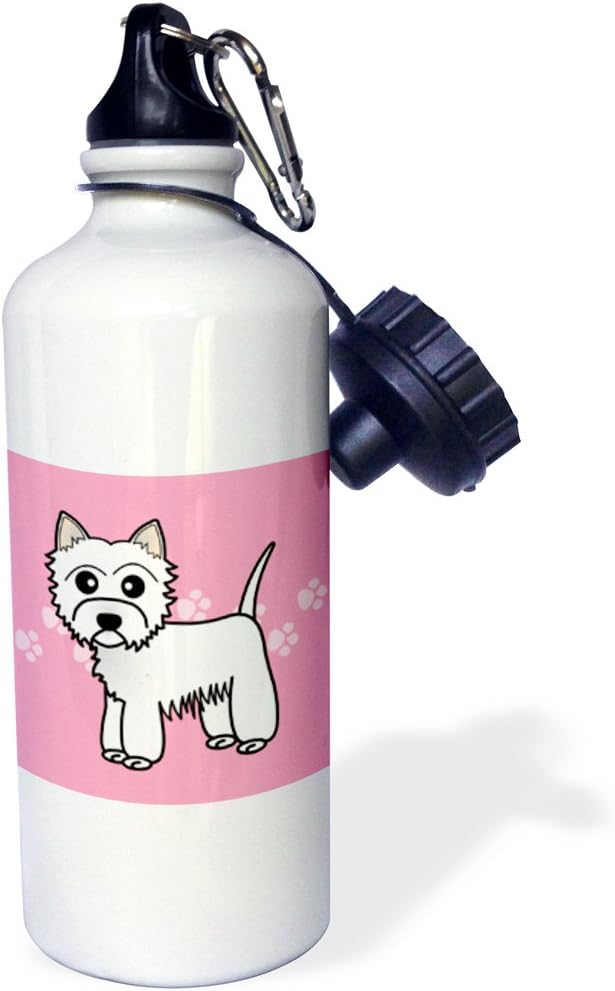 3dRose Cute Cartoon West Highland Terrier-Westie Dog on Pink Paw Prints Sports Water Bottle, 21 oz, White