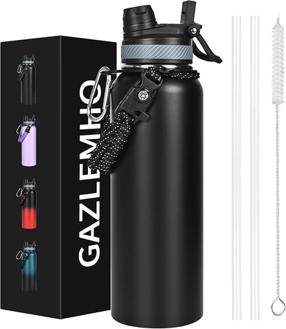 40 oz Insulated Water Bottle with Straw& Spout 2-in-1 Lid, Triple Wall Vacuum Stainless Steel Cold 48H, Leak Proof Sports Metal Flask Jug with Paracord Handle, Black