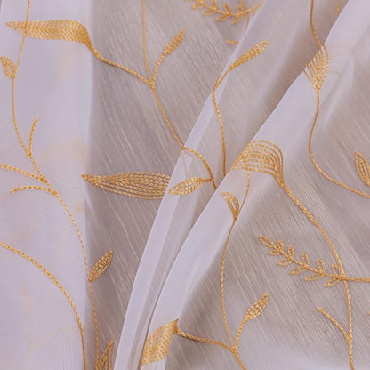 Windows Sheer Curtains Embroider Yellow Leaf 90 Inches Length 2 Panels Voile Light Filtering Sheer Curtains Panel Basic Rod Pocket for Bedroom Living Room Children Room