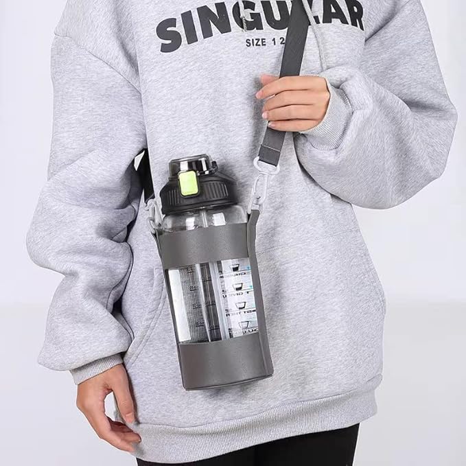 48oz Borosilicate Glass Water Bottle with Straw and Time Marker, Large Sport Water Jug with Adjustable Strap for Men Women (Green)