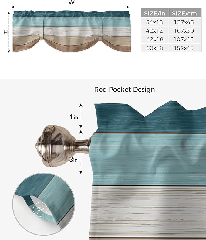 Farmhouse Blackout Tie Up Valance Curtains for Kitchen Windows,Teal Blue Brown Beach Window Toppers Balloon Shades for Living Room/Bathroom/Bedroom,1 Panel,54" X 18" Retro Rustic Barn Wood Texture