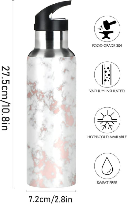 xigua Rose Gold Marble Water Bottle, BPA Free Stainless Steel Water Bottle Leak-Proof Sports Bottle for Camping Workouts Gym and Outdoor Activity, 22oz
