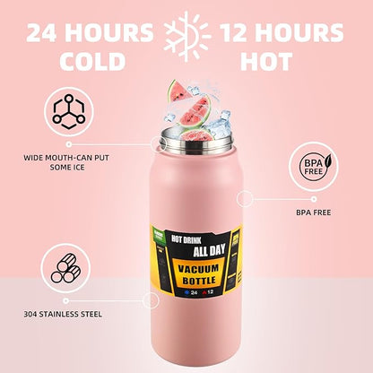 50oz/1.5L Insulated Sports Water Bottle, Stainless Steel Double Wall Water Jug with Handle, 2-in-1 Chug Spout and Straw Lid with Lock Cover for School, Outdoor, Sports & Travel, Pink